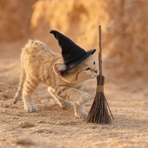 A tiny twig broom stuck in the sand next to the sand kitten in the witch hat.