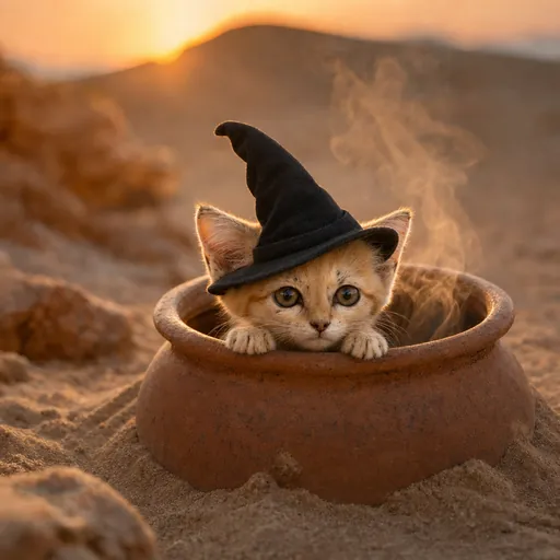 The sand kitten in the witch hat looking into a small clay pot in the sand at sunset.