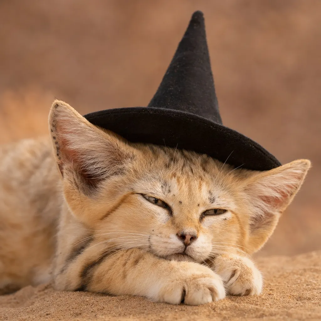 The sand kitten in the witch hat, close up.