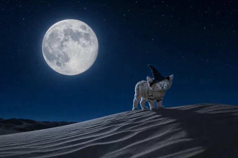 The sand kitten in the witch hat on a dune under a huge moon.