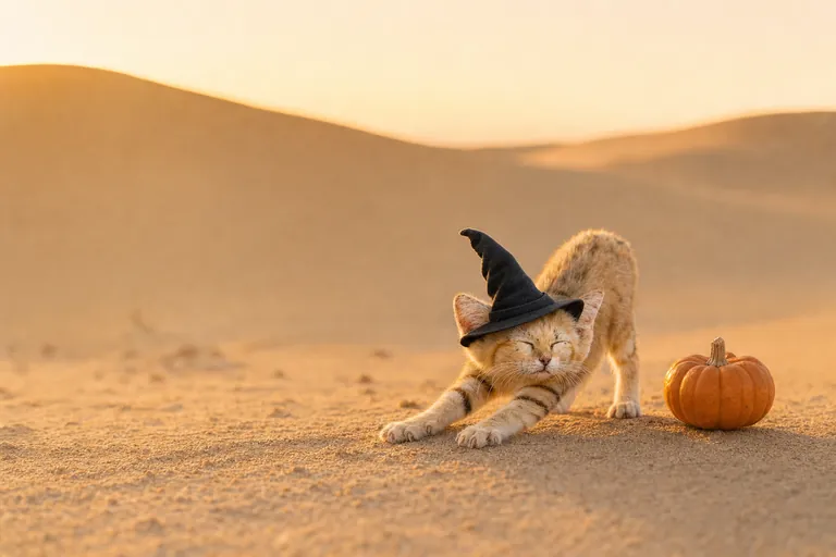 The sand kitten in the witch hat doing a long low stretch next to a small pumpkin.
